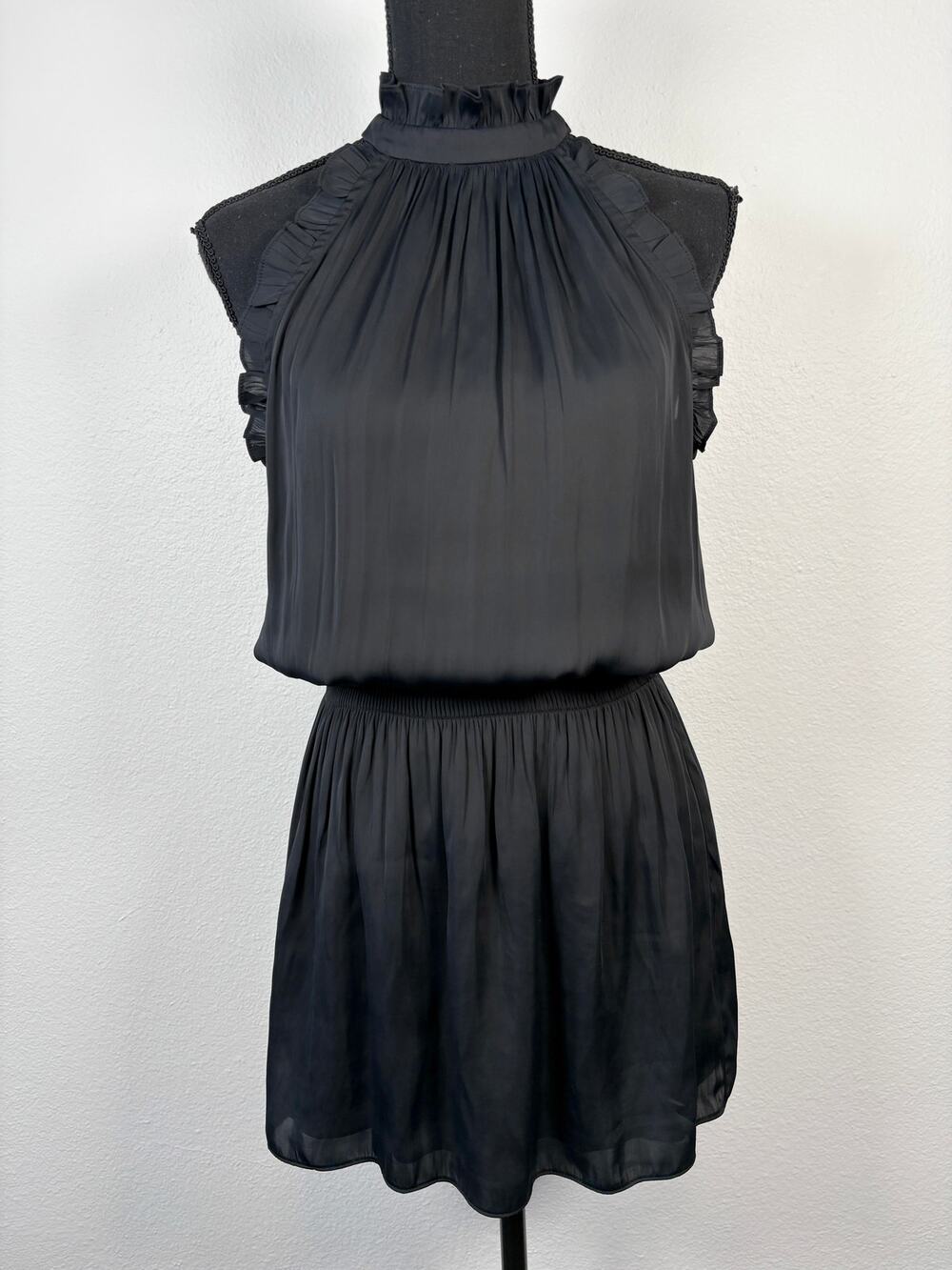 Alice & Trixie by Angela George High Neck Ruffle Black Silk Mini Dress